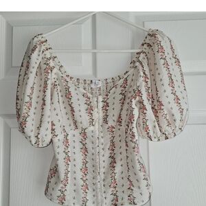 Corset Style Crop Top Puff Sleeves Smocked Floral Cottagecore Milkmaid Boho S
